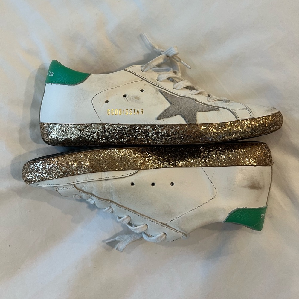 Golden Goose Gold Glitter and Green Superstar Sneakers